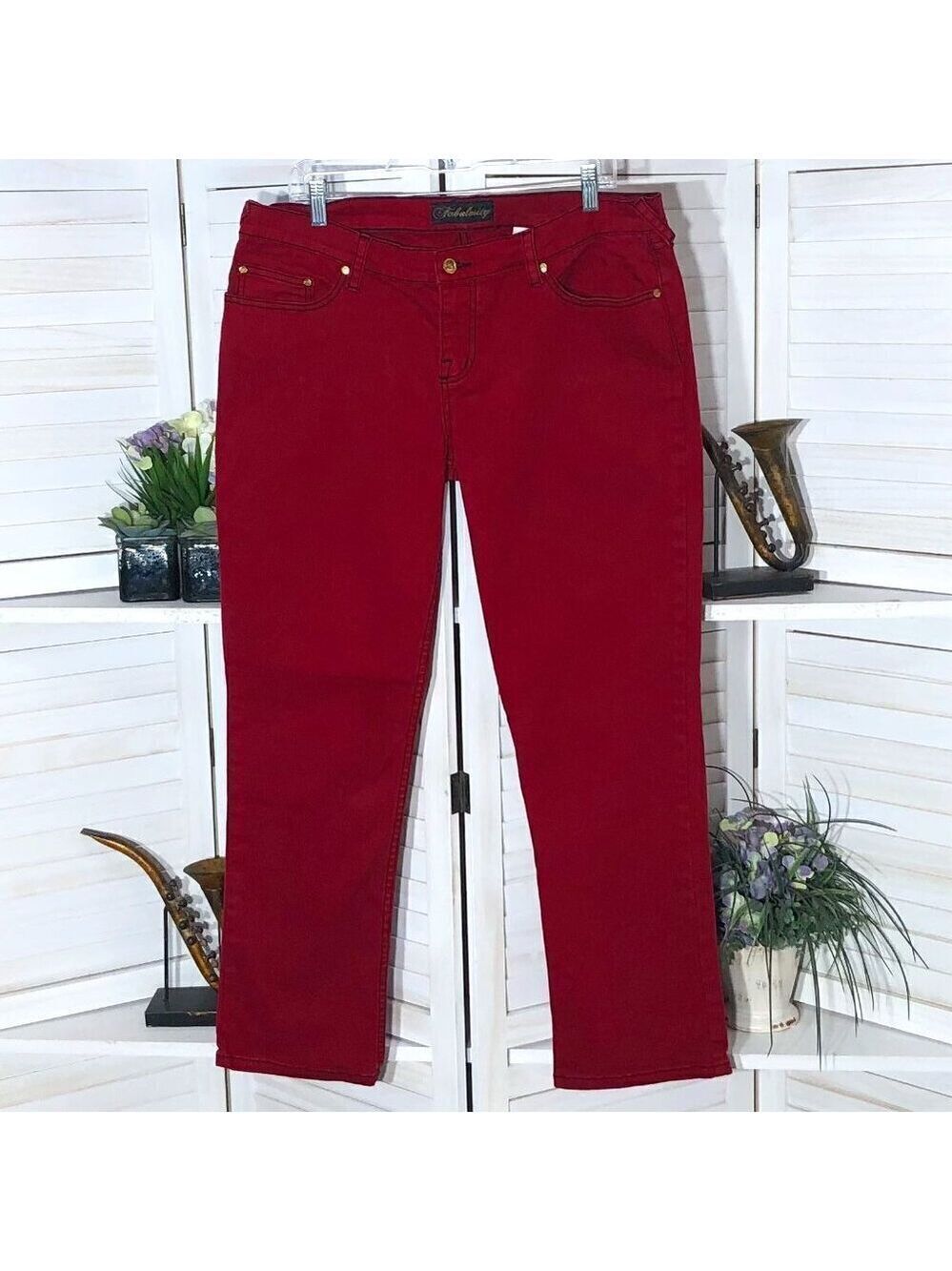 Vintage Y2K red wide legs jeans stretchy pockets black embroidery goth punk alt